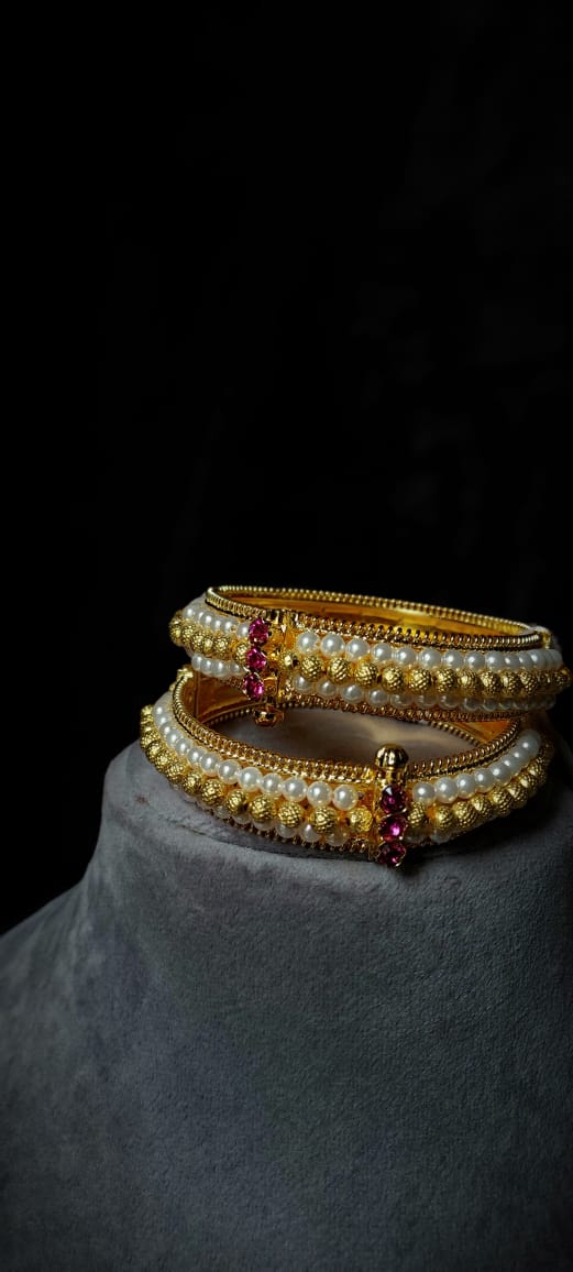 Royal Pearl & Ruby Gold Bangles